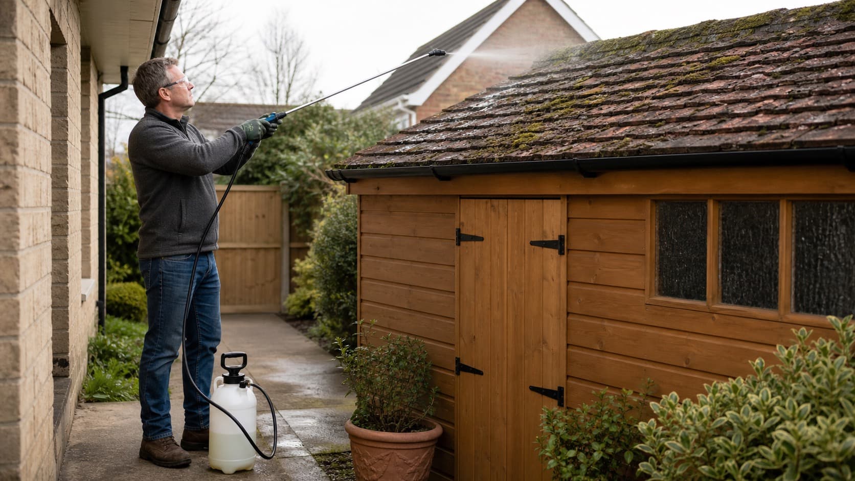 Low-pressure moss care applied to a low roof from the ground