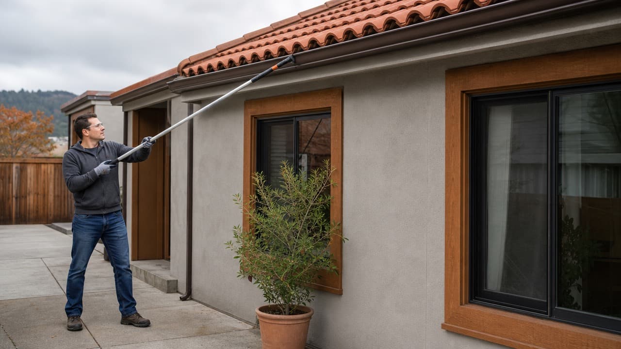 Safe ground-level gutter care with a long pole